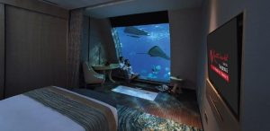 Underwater hotel bedroom in Singapore.